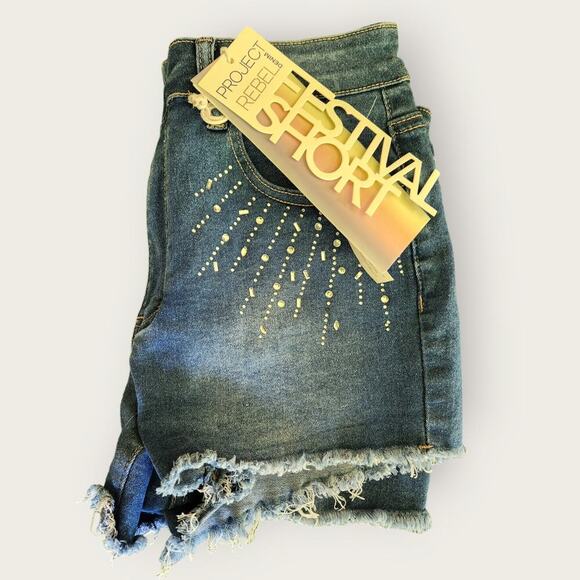 Project Rebel Denim Juniors Stretch Festival Raw Hem Rhinestoned Shorts Sz 7 - Picture 5 of 7